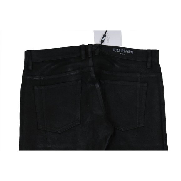 Balmain Mens Waxed Jeans 33x33 Black Slim Knee Slashed Distressed Stretch Denim - Picture 10 of 11
